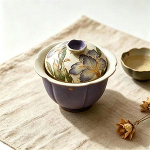 Puede incluir: Un cuenco de té de cerámica con tapa a juego, que presenta una base morada texturizada y una tapa color crema decorada con flores de iris azules y verdes en relieve pintadas a mano. El cuenco tiene un borde festoneado y un pomo morado.