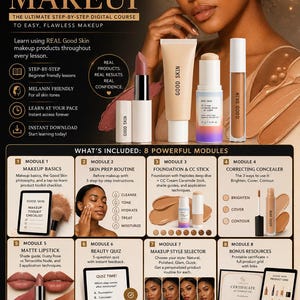 May include: A promotional image for a digital makeup course, featuring the text "Beginner's Guide to Makeup." The image showcases various makeup products, including lipstick, foundation, and concealer, alongside course modules and a model.
