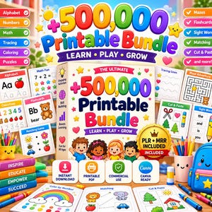 500,000+ Kids Educational Bundle, PLR MRR Printable Worksheets, Homeschool Activities, Coloring Pages, Learning Games PDF