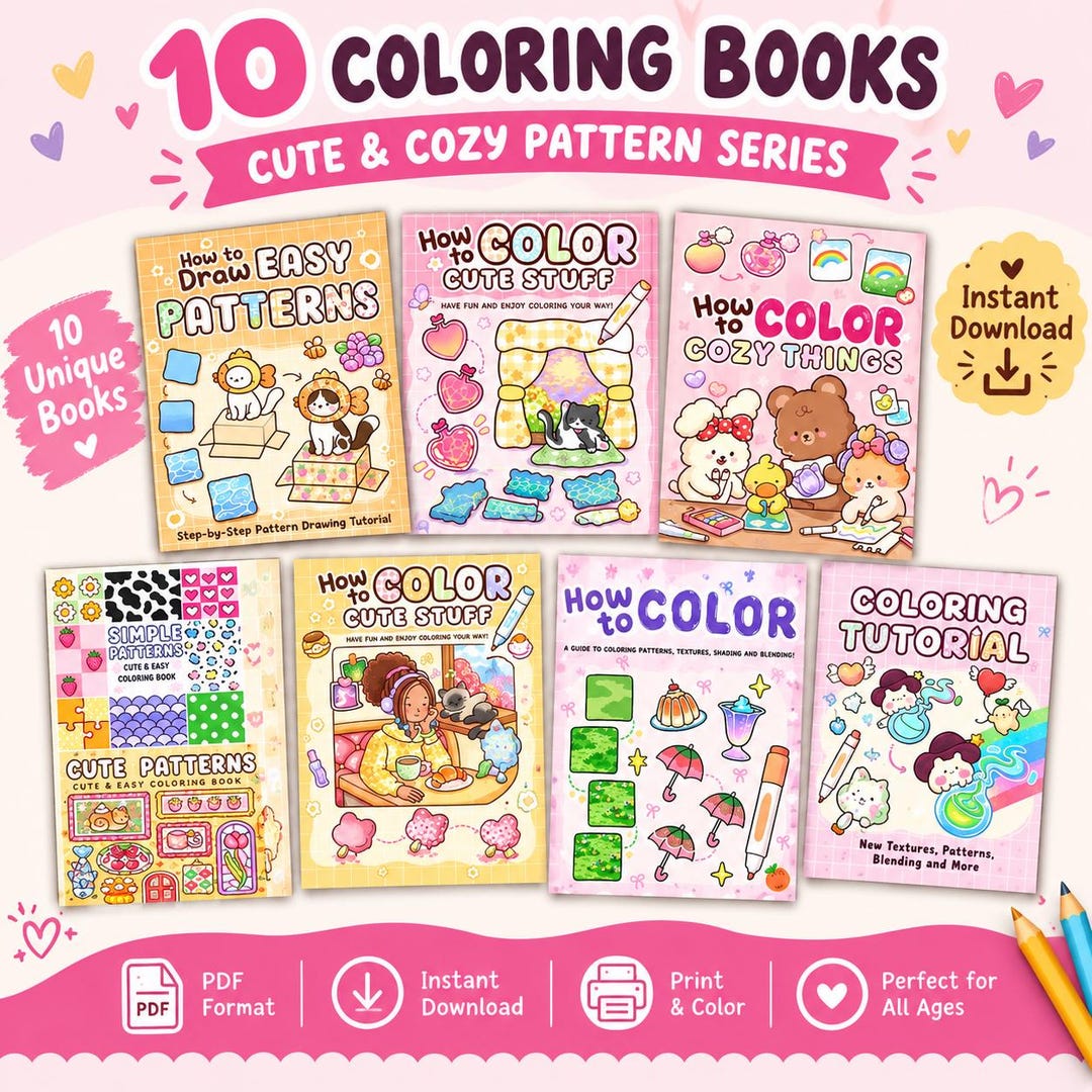 10 Coloring Books Bundle, Cute Pattern Drawing Tutorials, 600 ...