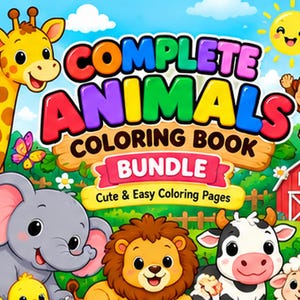 Peut inclure: Une couverture de livre de coloriage numérique intitulée COMPLETE ANIMALS COLORING BOOK BUNDLE Cute & Easy Coloring Pages avec une girafe jaune, un éléphant gris, un lion brun, une vache noire et blanche, un mouton, un singe et une grange rouge.