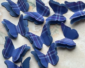 100 Rangers Tartan And Shimmer Paper 3D Butterflies. Wedding Table Confetti, Burns Night, Funeral.