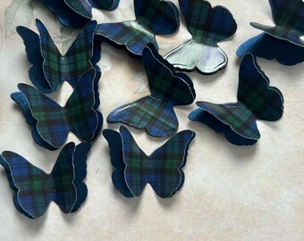 100 Black Watch Tartan And Shimmer Paper 3D Butterflies. Wedding Table Confetti, Burns Night, Funeral.