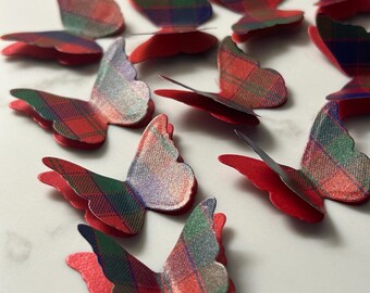 100 Robertson Tartan And Shimmer Paper 3D Butterflies. Wedding Table Confetti, Burns Night, Funeral.