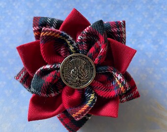 Hand Made Royal Stewart Tartan 3D Flower Rosette Brooch