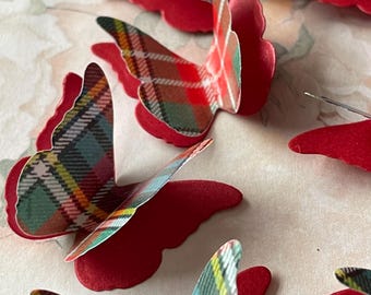 100 Christie Ancient Tartan And Shimmer Paper 3D Butterflies. Wedding Table Confetti, Burns Night, Funeral.