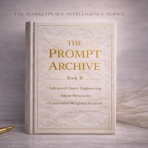 May include: A hardcover book titled "The Prompt Archive, Book II" with gold lettering. The book's cover is off-white with a marble-like texture. The text includes "Advanced Query Engineering," "Intent Structures," and "Conversion-Weighted Systems."