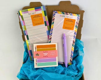 Colourful Desk Stationery Set – List Pads, Memo Pad, Pen – Gift for Her