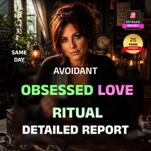 Könnte beinhalten: Eine digitale Grafik mit einer Person mit kastanienbraunem Haar und dem Text: SAME DAY, AVOIDANT, OBSESSED LOVE RITUAL, DETAILED REPORT, 25 YEARS EXPERIENCE. Das Bild enthält ein rotes PDF-Symbol und ein goldenes Abzeichen vor einem dunklen Hintergrund.