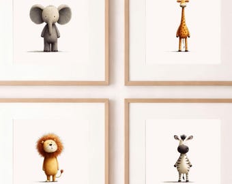 Safari Nursery Wall Art Set of 4 | Elephant Lion Giraffe Zebra | Neutral Modern Baby Room Decor | Baby Shower Gift