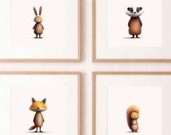 Woodland Animal Nursery Wall Art Set of 4 – Fox Badger Rabbit Squirrel Prints, Woodland Nursery Decor, Neutral Baby Room Wall Art