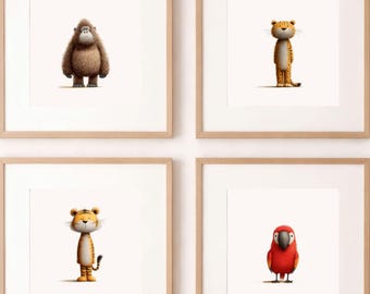 Jungle Animal Nursery Wall Art Set of 4, Tiger, Leopard, Gorilla & Parrot Prints, Coordinated Nursery Gallery, Neutral Baby Room Decor