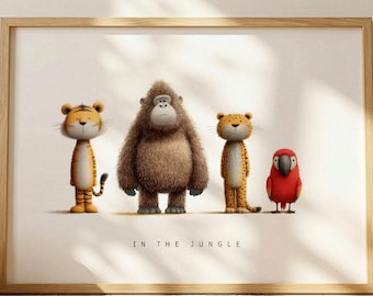 Jungle Animal Nursery Wall Art, Tiger, Leopard, Gorilla & Parrot Print, Safari Nursery Decor, Neutral Baby Room Wall Art, Kids Room Decor