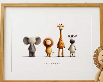 Safari Animals Nursery Wall Art | Elephant Lion Giraffe Zebra | Neutral Modern Minimal Baby Room Decor | Baby Shower Gift