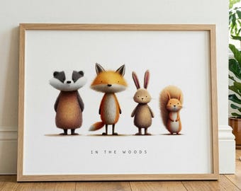 Woodland Animal Nursery Wall Art – Fox Badger Rabbit Squirrel Print, Woodland Nursery Decor, Neutral Woodland Themed Baby Room Wall Art