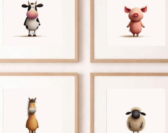 Farm Animal Nursery Wall Art Set | Nursery Gallery Wall Prints | Cow Pig Horse Sheep Farm Nursery Decor | Neutral Baby Room Art
