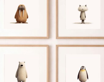 Polar Animal Nursery Wall Art Set of 4 | Arctic Nursery Decor | Penguin Polar Bear Arctic Fox Walrus Prints | Neutral Baby Room Decor