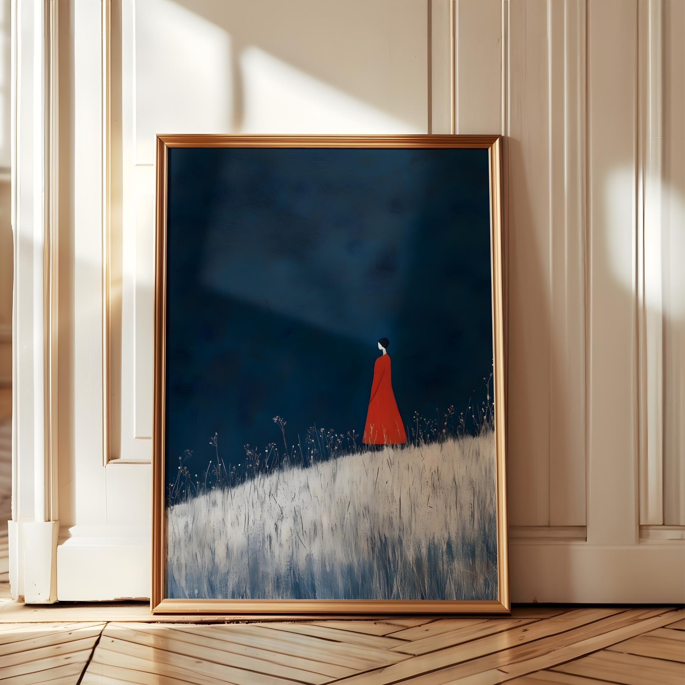 Dark Blue Abstract Wall Art – Minimalist Girl Red Dress, Japandi Style ...