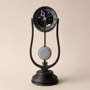 May include: A black tabletop clock featuring an exposed gear mechanism within a circular frame. The clock is supported by a curved stand attached to a circular base, with a light gray circular pendulum suspended vertically below the clock face.