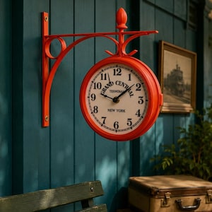 Vintage Railway Station Double-Sided Wall Clock | Grand Central Style Clock | Retro Train Station Clock | Outdoor Hanging Clock