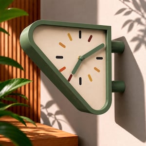 3D-geprinte dubbelzijdige wandklok | Driehoekige stationsklok | Modern decor uit het midden van de eeuw | Retro groen uurwerk | Kleurrijke gangklok