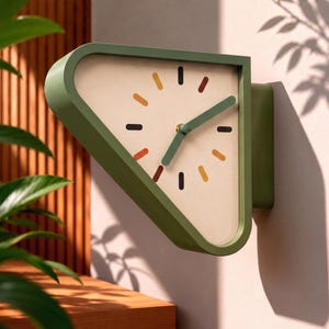 May include: A wall-mounted clock with a triangular, olive green frame and a cream-colored face. The clock features dark green hour and minute hands, with hour markers represented by small, colorful, rounded rectangular dashes in black, orange, and brown.