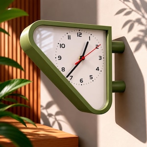 Könnte beinhalten: Eine grüne, dreieckige Wanduhr mit weißem Zifferblatt und schwarzen Ziffern. Die Uhr hat schwarze Stunden- und Minutenzeiger und einen roten Sekundenzeiger. Die Uhr ist an einer hellen Wand befestigt.