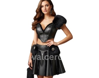 Black Leather Two-Piece Set with Fur Trim For Women – Gothic Party Festival Outfit