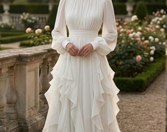 Vintage High Neck Wedding Dress, Long Sleeve Chiffon Bridal Gown, Romantic Ruffle Wedding Dress, Modest Bridal Dress, Elegant Wedding Gown
