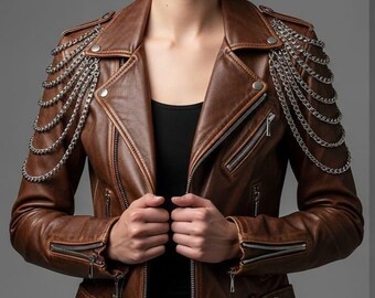 Women's Genuine Leather Biker Jacket with Silver Chain Detail – Handmade Edgy Style