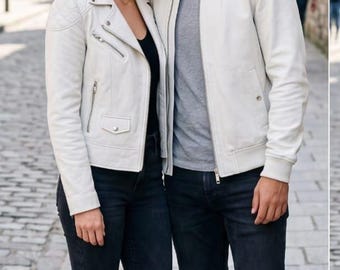 Genuine Leather Couple Jackets, White Matching Set, His and Hers Fashion