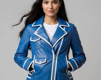 Women Handmade Leather Jacket with White Piping – Bold Fashion
