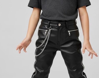 Genuine Leather Pants Kids – Edgy Chain Accent Streetwear Style