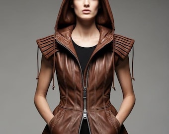 Genuine Leather Hooded Vest Women, Gothic Punk Streetwear Waistcoat, Sleeveless Jacket - Timeless Style