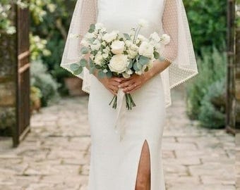 Minimalist Cape Sleeve Wedding Dress, Open Back Bridal Gown, Modern Sheath Wedding Dress, Elegant Crepe Wedding Dress
