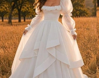Unique Handmade Chiffon Dress – Romantic Ruffle Wedding Dress, Modest Bridal Dress, Elegant Boho Wedding Gown