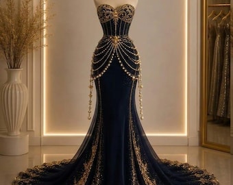 Marineblauwe zeemeerminjurk | Luxe avondjurk met gouden kralen