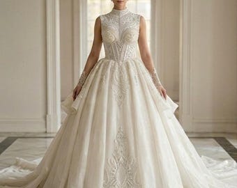 Luxury Royal Bridal Ball Gown – Elegant High-Neck Wedding Dress with Intricate Lace Embroidery