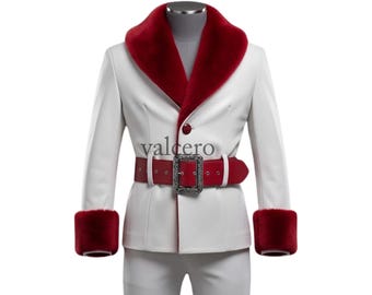 White Leather Santa Jacket, Red Fur Trim, Belted Blazer, Holiday Costume