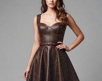 Genuine Leather Corset Dress, Steampunk A-Line Outfit, Lace-Up Back Detail