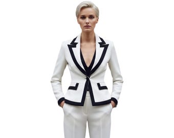 Women's White Genuine Leather Blazer and Pants Suit, Tailored Business Outfit