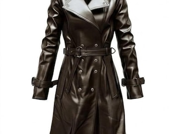 Women's Black Genuine Leather Trench Coat, Double-Breasted Belted Overcoat