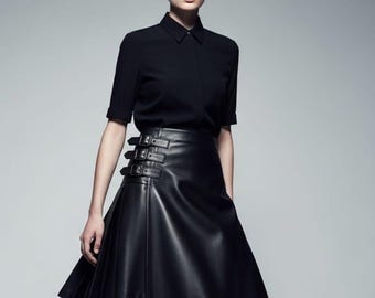 Genuine Leather Kilt Skirt, Black Buckle Detail, Gothic Streetwear, Pleated Kilt