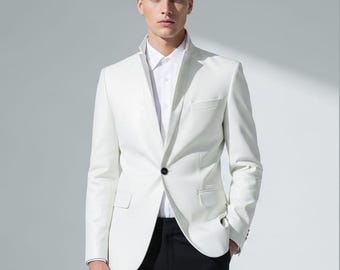 Men's White Genuine Leather Formal Coat – Single-Button Tailored Fit