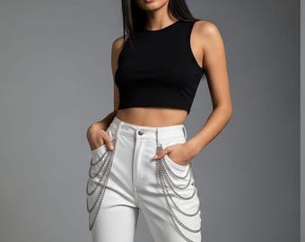 White Genuine Leather Pants – High-Waisted Chain Detail Streetwear