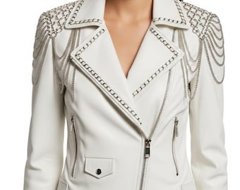 White Genuine Leather Jacket with Chain Embellishments – Handmade Biker Style