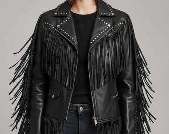 Genuine Leather Fringe Studded Biker Jacket, Western Vintage Style Coat