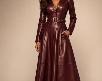 Burgundy Genuine Leather Trench Coat Dress, Belted Long Overcoat, Luxury Fall Winter Outerwear