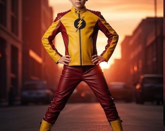 Boys Genuine Leather Lightning Hero Costume, Kids Superhero Outfit, Anime Inspired Suit