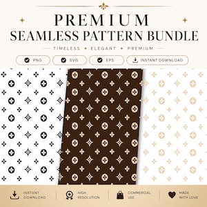 May include: A digital graphic featuring the text PREMIUM SEAMLESS PATTERN BUNDLE, TIMELESS, ELEGANT, PREMIUM, PNG, SVG, EPS, INSTANT DOWNLOAD, HIGH RESOLUTION, COMMERCIAL USE, MADE WITH LOVE. It displays three repeating patterns with star and circle motifs.